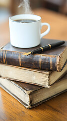 Naklejka premium Coffee, books, pen, study, home
