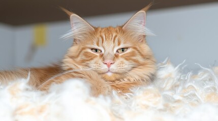 Obraz premium Serene Ginger Maine Coon Cat Resting on Fluffy Blanket
