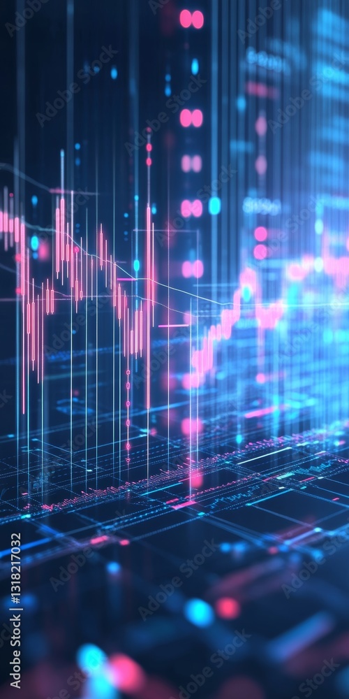 Poster abstract digital data visualization with colorful financial graphs and charts, showcasing trends and