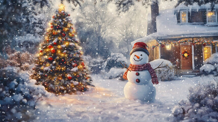 Fototapeta premium Snowy Christmas scene with decorated tree, snowman, and house