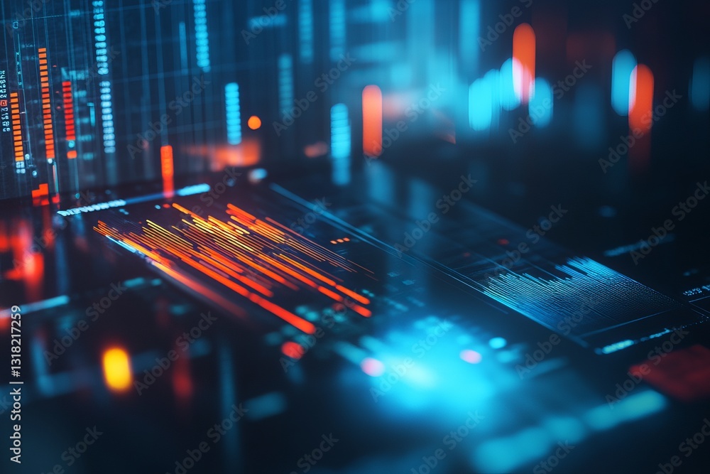 Poster a computer screen with a lot of numbers and lines. the image is abstract and has a futuristic feel t