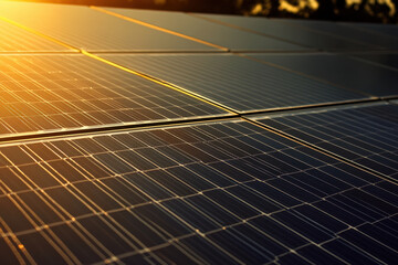 Solar panels glistening under a fiery sunset, casting long shadows on the ground with a backdrop of a colorful sky.
