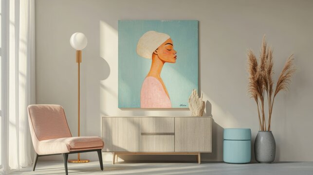 Interior with modern furniture and abstract art with a woman with closed eyes.