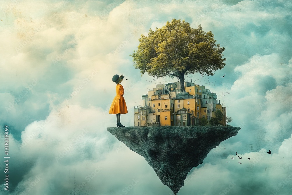 Poster a girl is standing on a floating island with a tree in the middle. the sky is cloudy and the girl is