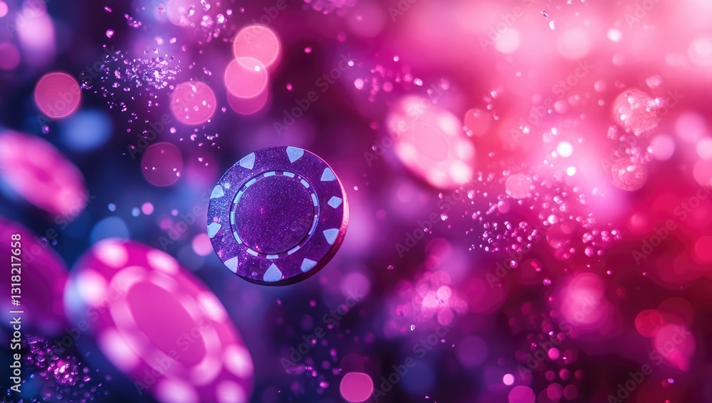 Poster a captivating abstract background featuring floating casino chips amidst a dreamy bokeh effect with 