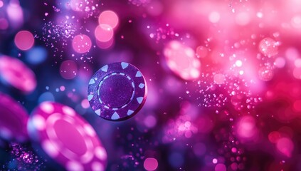A captivating abstract background featuring floating casino chips amidst a dreamy bokeh effect with an array of sparkling lights in vibrant shades of purple, pink, and blue creating a lively and