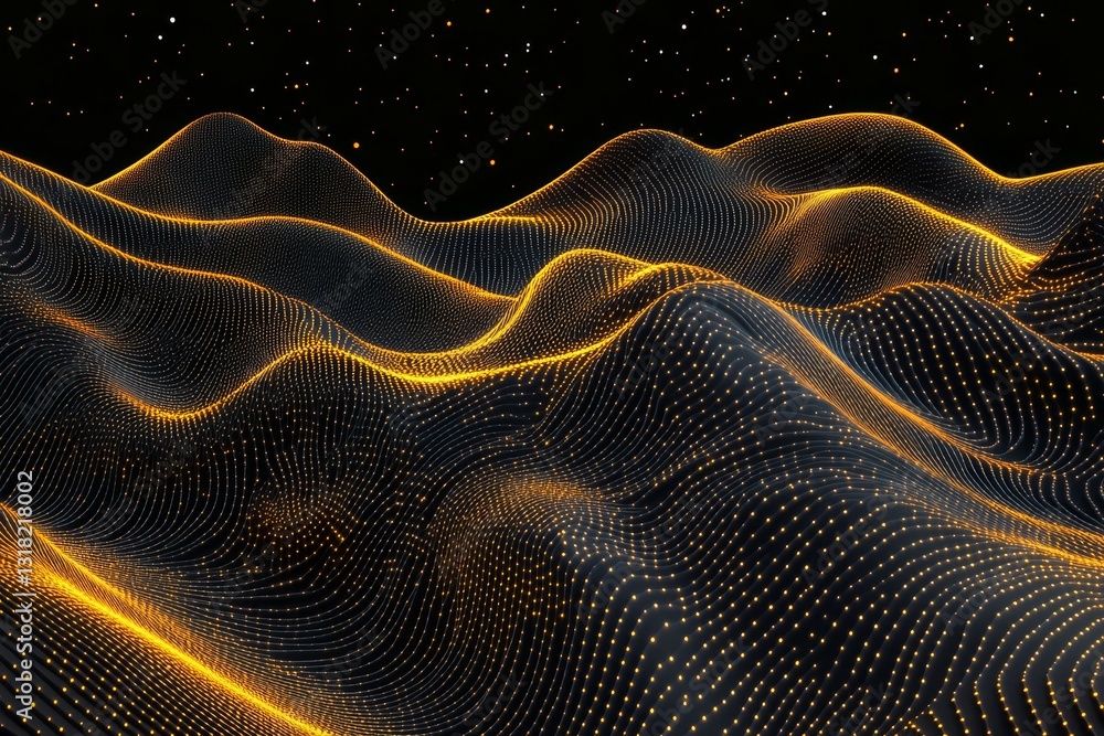 Poster a black and yellow image of a mountain range with a lot of dots. the image has a futuristic and drea