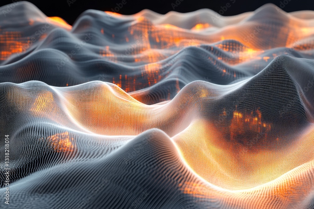 Poster a computer generated image of a landscape with a large orange flame in the middle. the image has a f