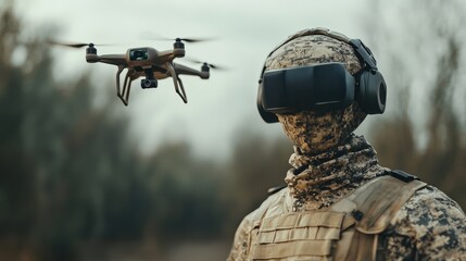 Fototapeta premium Ground reconnaissance drone operated by soldier wearing virtual reality headset in outdoor environment. National Robotics Week