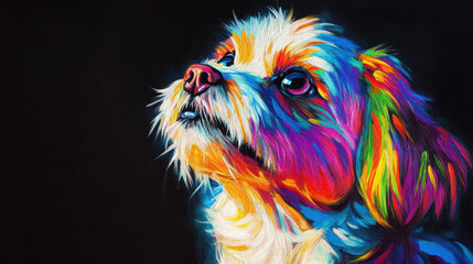 Colorful painting of a small dog on a black background