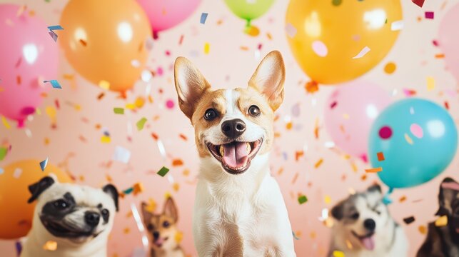 Playful pet party celebration background with animalshaped balloons and happy pets
