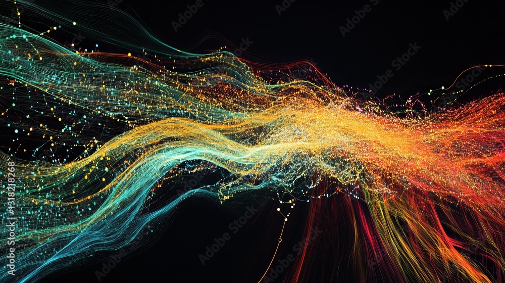 Poster experience the vibrant flow of colorful data streams, depicting dynamic movement and light effects i