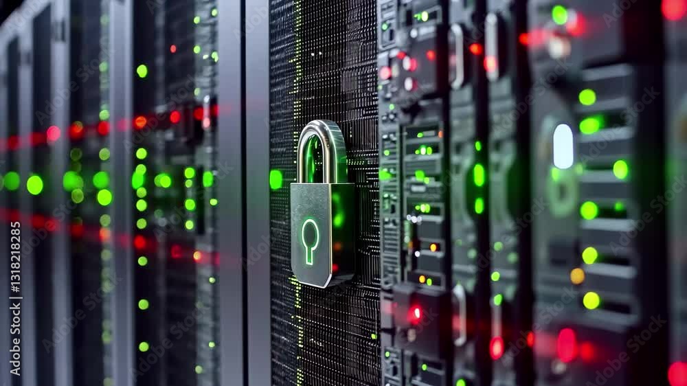 Poster digital data security in a data center with padlock icon and server systems processing information, 