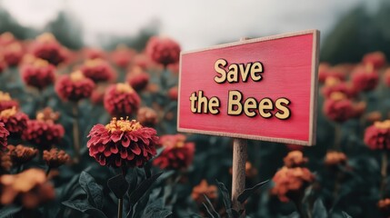 Save the bees sign stands out in a vibrant flower field promoting environmental awareness and conservation efforts. Bee Active Bee Healthy Bee Happy Week