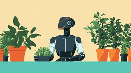 Robot sorting trash in a clean and organized environment with various plants around. National Robotics Week