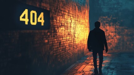 Silhouette of a man wandering through a dimly lit alley with a glowing number 404 on the wall at twilight. 404 Day