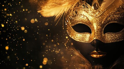 Elegant masquerade ball backdrop with golden sunbeams filtering through a vintage ballroom