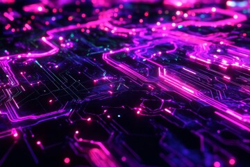 Fototapeta premium Vibrant Abstract Circuit Board Design with Neon Lights in Purple
