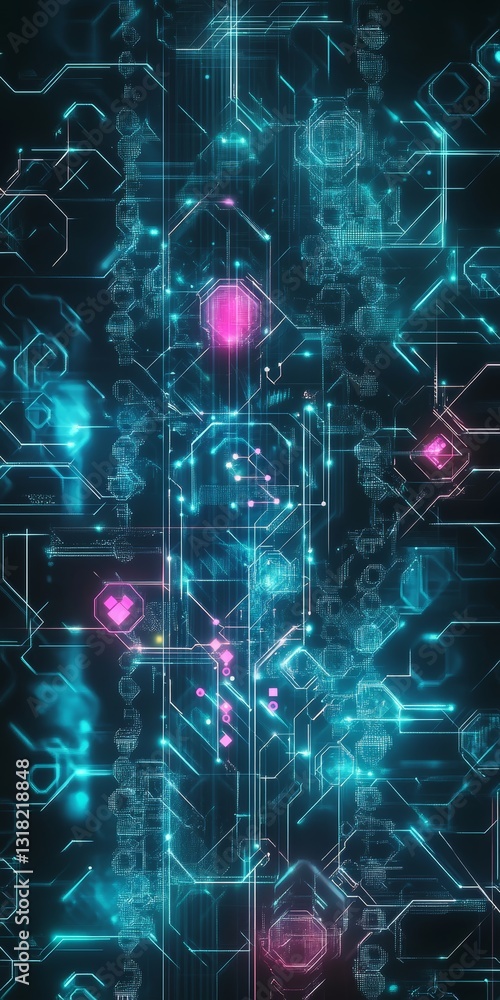 Poster the image is a computer chip with a blue background and pink dots. the blue background gives the ima