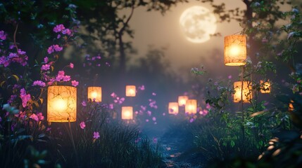Ethereal Glowing Flower Lanterns with Mist and Full Moon, Creating a Dreamy and Mystical Night Scene