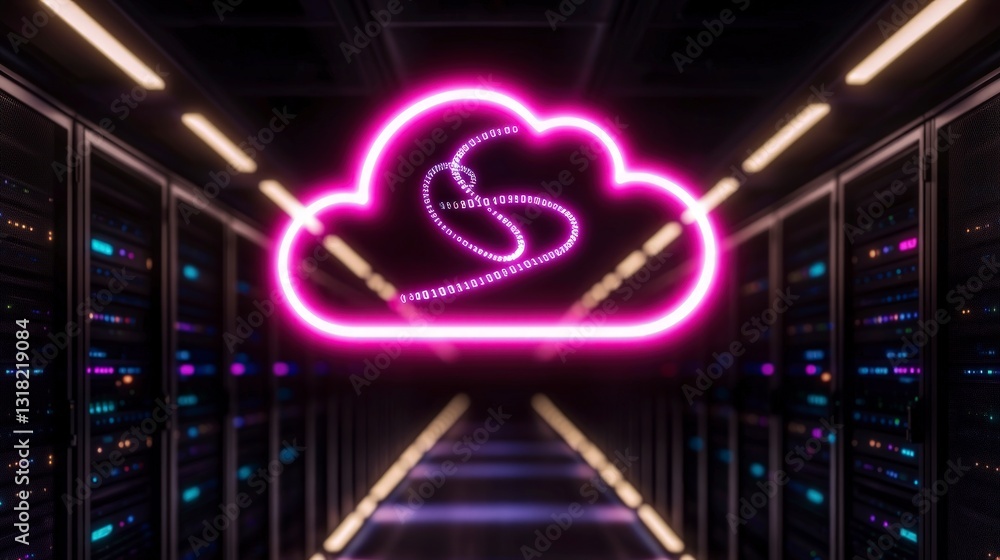 Poster glowing cloud computing symbol in data center