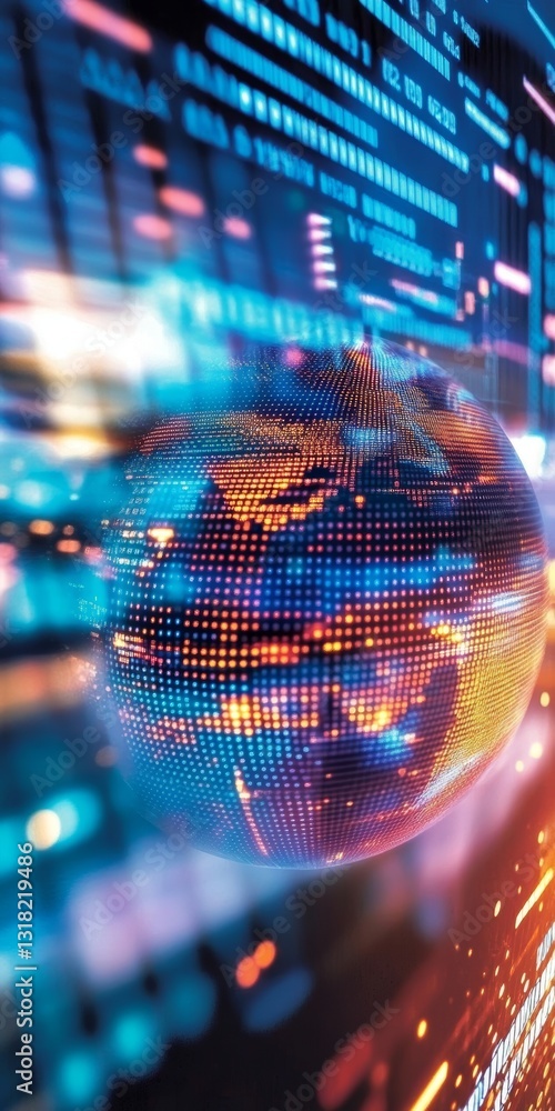 Poster dynamic digital visualization of a world globe surrounded by vibrant data streams and abstract light
