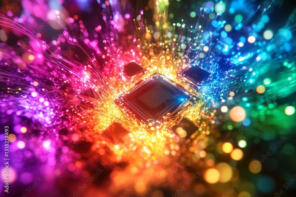 Poster vibrant abstract design with colorful lights and digital patterns