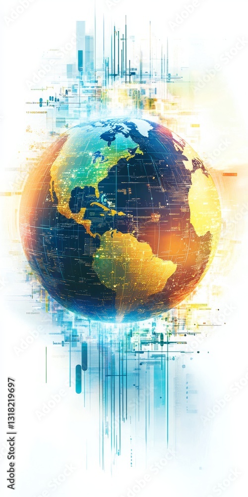 Poster an artistic depiction of the globe surrounded by digital lines representing global connections, data