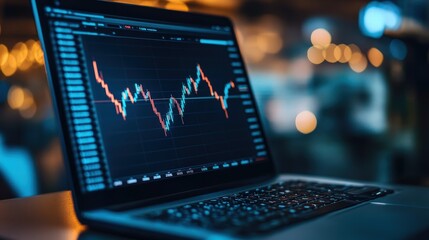 Data analysis on a laptop screen with a focus on stock market trends and fluctuations during evening hours.  Financial Capability and Literacy  Month
