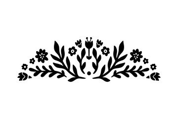 Floral Linocut Motif Border. Decorative Floral Symmetrical Ornament. Ethnic Flourish Stencil Corner in Geometric Shape. Leaves Branch Border Vector Illustration isolated on White Background.