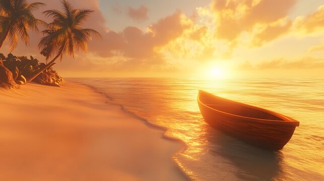 Tropical Sunset Serenity: A lone boat rests serenely on a sun-kissed sandy shore, kissed by the golden glow of a vibrant tropical sunset, where tranquility meets the boundless ocean. 