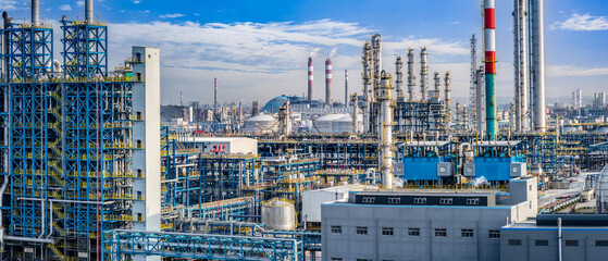 Panoramic view of a large oil refinery and chemical plant complex