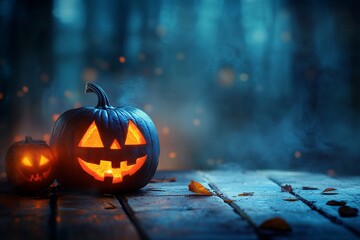 Two glowing pumpkins sit on a rustic wooden surface, illuminated in a mysterious light. This Halloween-themed image captures the essence of autumn festivities.