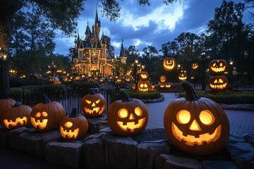 Obraz premium A captivating scene featuring carved jack-o'-lanterns glowing brightly under a twilight sky, illuminating a fairytale castle. The festive atmosphere embodies Halloween charm.