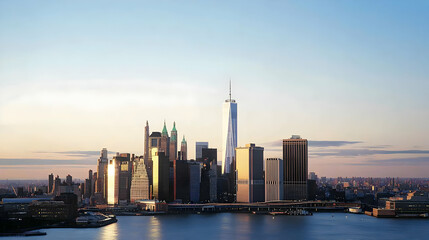 Naklejka premium City Skyline View At Sunset Over River Showcasing Modern Architecture Buildings And Blue Orange Sky
