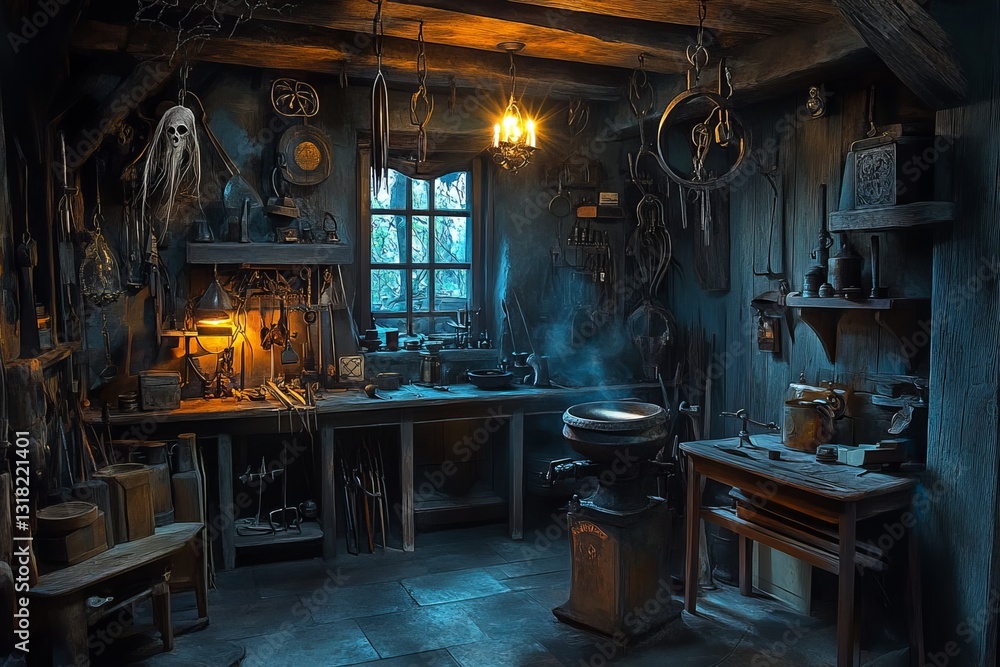 Aufkleber explore a dark and mysterious workshop filled with various tools. the scene features ambient lightin