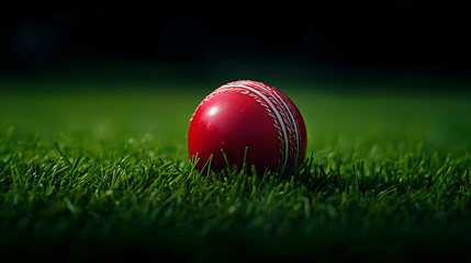 Red Cricket Ball Resting On A Lush Green Field Illuminated By Bright Sunlight