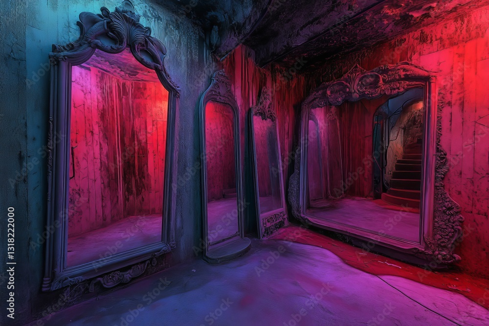 Poster a visually striking art installation featuring colorful lighting and ornate mirrors creates a surrea