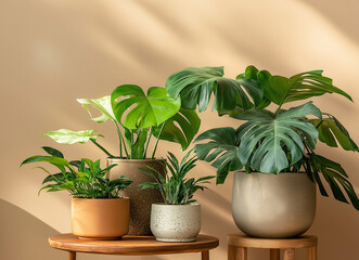 Obraz premium Various potted plants on small side tables against a beige background, creating a minimalist and natural home decor aesthetic