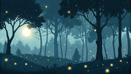 serene forest silhouette at night, illuminated by glowing fireflies and bright moon, creating magical atmosphere