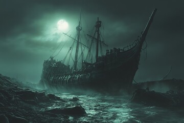 Obraz premium A haunting ghost ship looms in a misty ocean at night, illuminated by the eerie glow of a full moon, evoking mystery and adventure in a dark atmosphere.