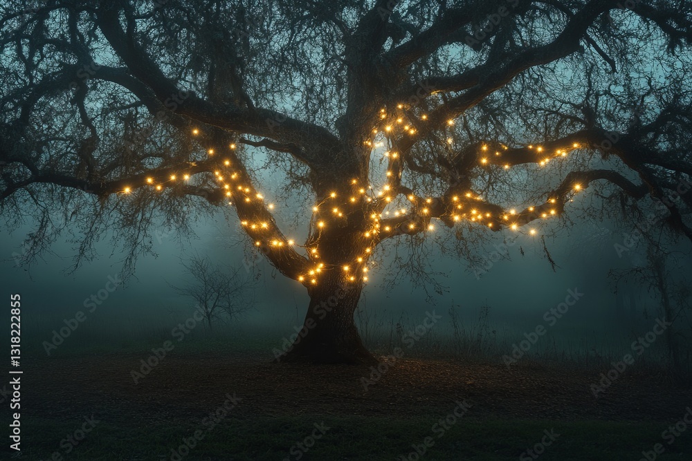Poster a mesmerizing tree adorned with warm twinkling lights in a foggy landscape, creating a serene and en