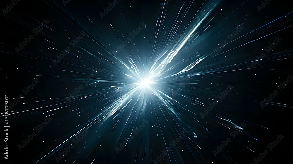 Poster bright light exploding from center with digital blue particles and light rays on dark blue backgroun