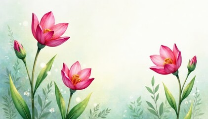 Obraz premium Delicate watercolor pasque flowers, soft petals, lush green leaves , delicate, soft