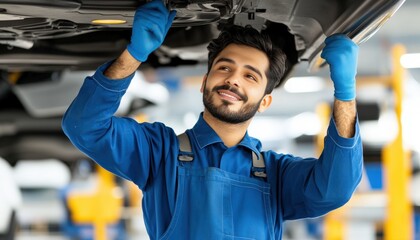 A mechanic in blue overalls smiles while working on a car, showcasing expertise in automotive maintenance.