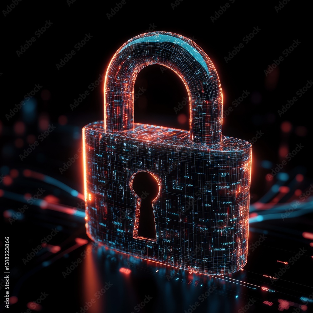 Poster a striking depiction of a futuristic lock surrounded by glowing data streams, symbolizing advanced d