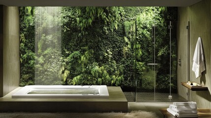 A bathroom with a natural stone wall, bringing a touch of nature indoors.