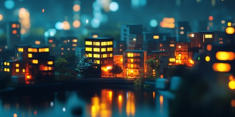 Fototapeta premium A captivating night cityscape featuring illuminated buildings and a serene lake. The vibrant colors and reflections create a peaceful urban atmosphere ideal for technology themes.