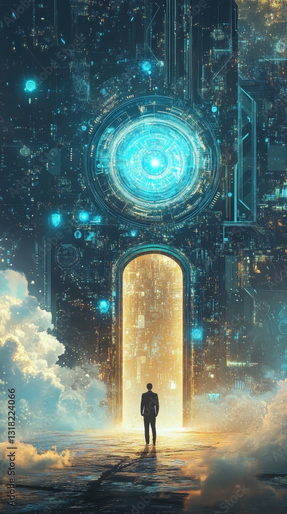 Poster a captivating image featuring a person standing before a shimmering portal surrounded by abstract te