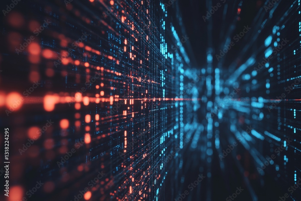 Poster dynamic abstract representation of a digital data stream featuring vivid blue and red lights. this i